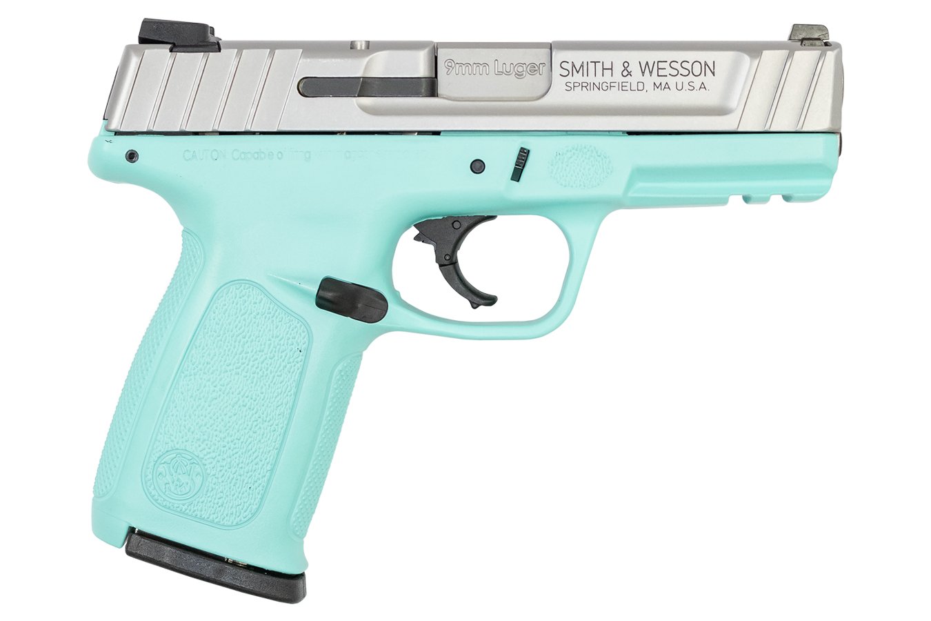 Smith & Wesson SD9 VE 9mm Semi-Auto Pistol with Robins Egg Blue Frame and Satin Stainless Slide